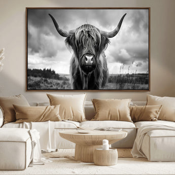 17924-MGV-CV-36X24-Highland Cow Wall Art – Black and White Rustic Longhorn Cattle Canvas Print, Farmhouse Animal Photography Decor for Country Home