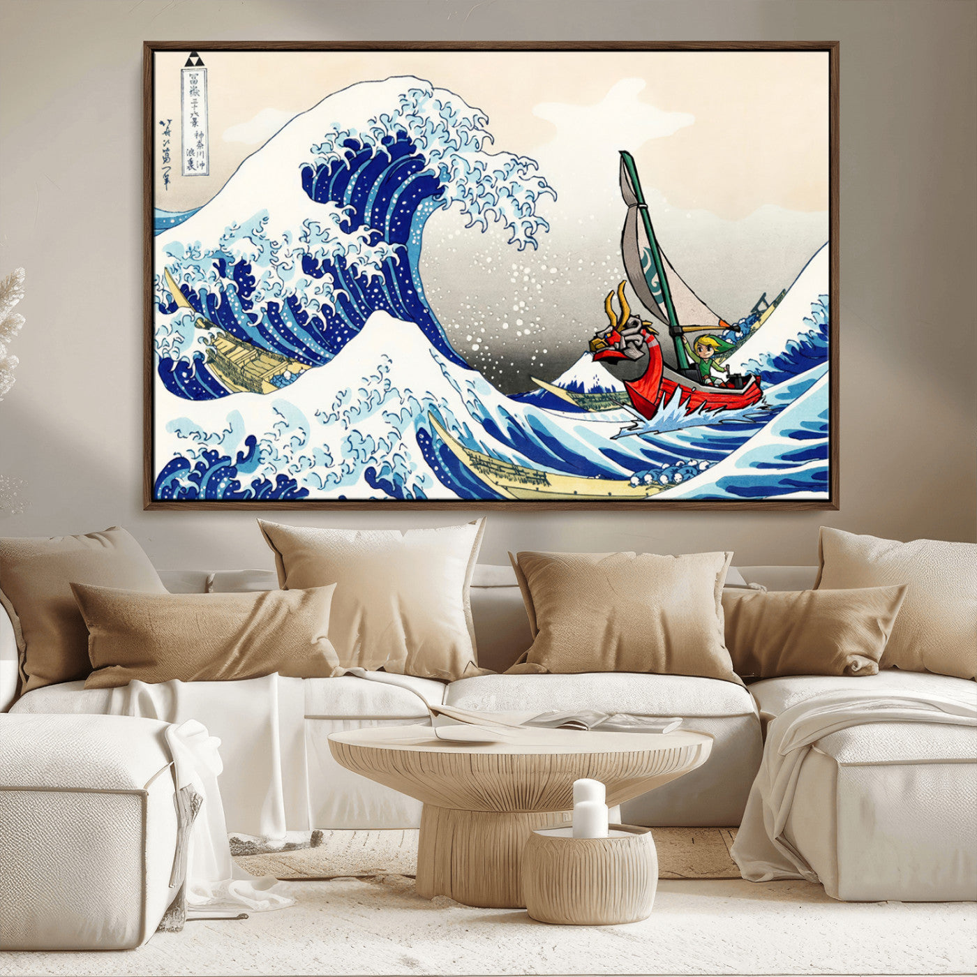 19450-MGV-FC-36X24_Walnut-Great Wave Adventure Wall Art – Japanese Style Ocean Canvas Print, Fantasy Sailing Decor for Living Room, Bedroom or Office