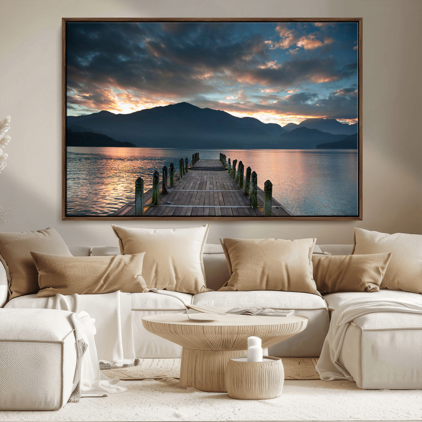 20442-MGV-CV-36X24-Lakeside Sunset Dock Wall Art – Peaceful Mountain Lake Canvas Print, Serene Nature Landscape Decor for Living Room, Bedroom or