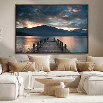 20442-MGV-CV-36X24-Lakeside Sunset Dock Wall Art – Peaceful Mountain Lake Canvas Print, Serene Nature Landscape Decor for Living Room, Bedroom or