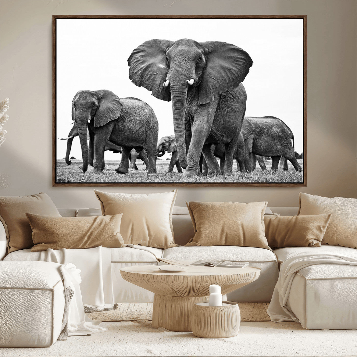 91685-MGV-FC-36X24_Walnut-Elephant Herd Wall Art – Black and White Safari Canvas Print, African Wildlife Photography Decor for Living Room, Office or
