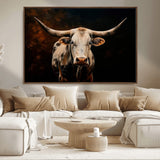 70522-MGV-CV-36X24-Longhorn Bull Wall Art – Striking Canvas Print of Majestic Bull, Premium Animal Decor for Home, Office, Man Cave, or Living Room