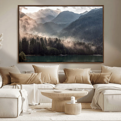 61116-MGV-FC-36X24_Walnut-Misty Mountain Lake Wall Art – Tranquil Foggy Forest and Lake Canvas Print, Scenic Nature Landscape Decor for Living Room or