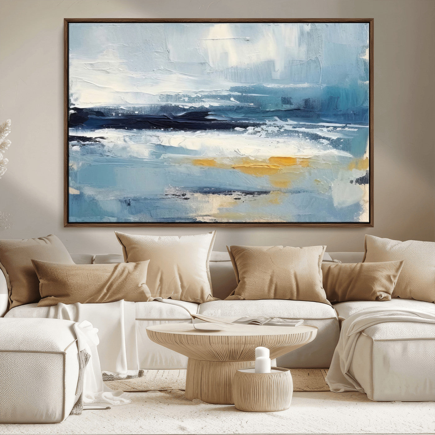 19746-MGV-CV-36X24-Abstract Ocean Wall Art – Modern Coastal Canvas Print with Blue, White and Gold Textures, Contemporary Seascape Painting for