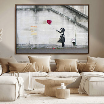 50559-MGV-FC-36X24_Walnut-Banksy Girl with Balloon Wall Art – Famous Street Graffiti Canvas Print, Modern Urban Artwork for Living Room, Bedroom or Office
