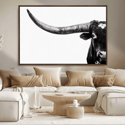 31699-MGV-CV-36X24-Longhorn Wall Art – Black and White Texas Longhorn Cow Canvas Print, Rustic Western Farmhouse Artwork for Living Room, Bedroom or