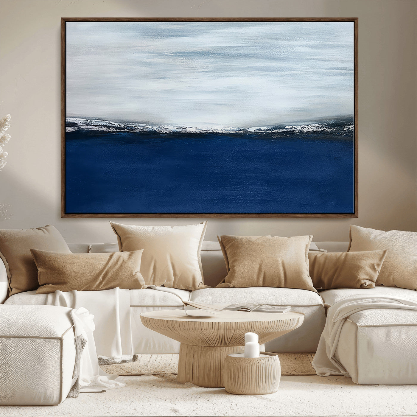62197-MGV-CV-36X24-Abstract Ocean Wall Art – Minimalist Blue and White Canvas Print, Modern Coastal Seascape Painting for Bedroom, Living Room or