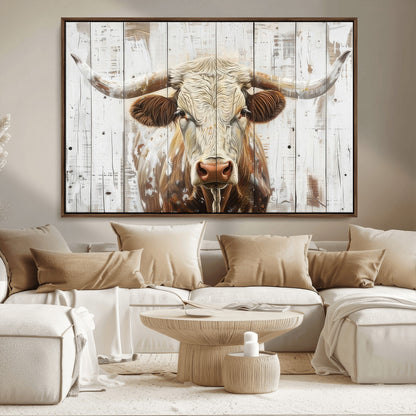 71551-MGV-CV-36X24-Longhorn Bull Wall Art – Rustic Western Cow Canvas Print, Farmhouse Animal Painting with Wood Plank Style for Living Room, Office