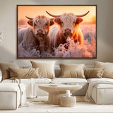 68253-MGV-CV-36X24-Highland Cow Wall Art – Rustic Farmhouse Cattle Canvas Print, Frosty Sunset Animal Artwork for Living Room, Bedroom or Country