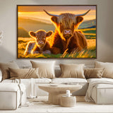 20567-MGV-FC-36X24_Walnut-Highland Cow and Calf Wall Art – Rustic Farmhouse Sunset Cattle Canvas Print, Country Animal Artwork for Living Room, Bedroom, or