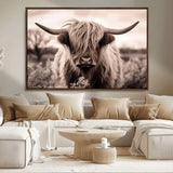55903-MGV-FC-36X24_Walnut-Highland Cow Wall Art – Rustic Sepia Scottish Highland Bull Canvas Print, Farmhouse Country Animal Decor for Living Room, Bedroom