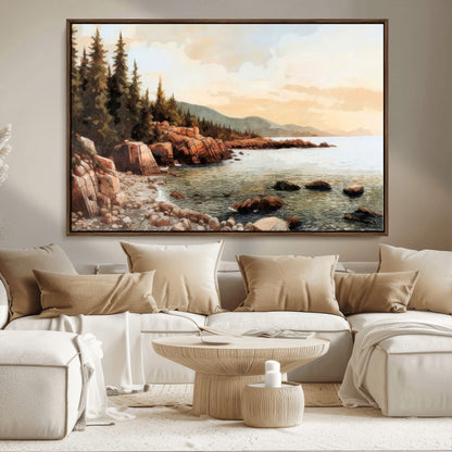 77145-MGV-CV-36X24-Coastal Landscape Wall Art – Panoramic Rocky Shoreline and Pine Trees Canvas Print, Rustic Nature Decor for Cabin, Lodge, Office,