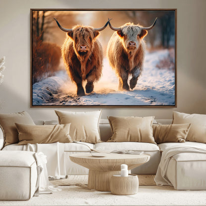 50490-MGV-CV-36X24-Highland Cow Wall Art – Rustic Panoramic Canvas Print Two Cattle Snowy Landscape, Farmhouse Country Decor for Living Room Office