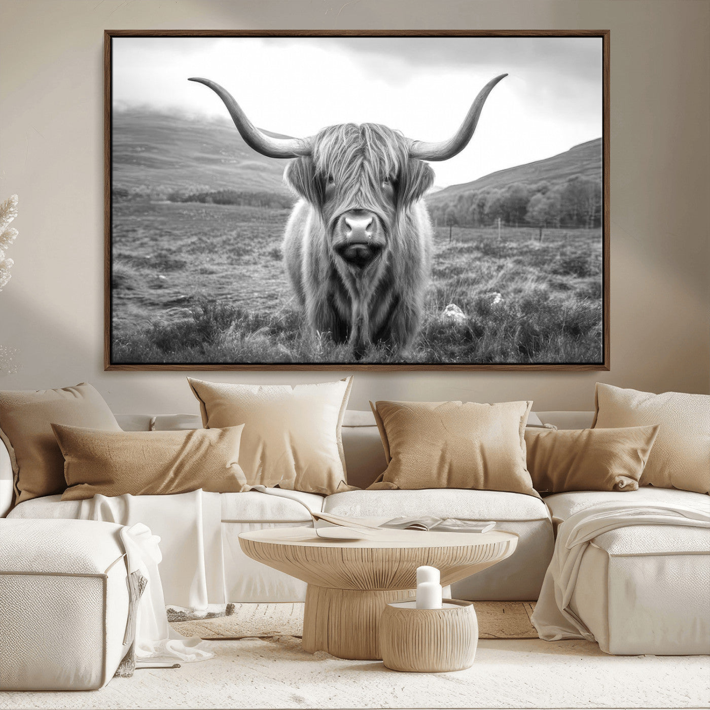 52903-MGV-CV-36X24-Highland Cow Wall Art – Black and White Canvas Print Rustic Cattle Portrait, Farmhouse Country Decor for Living Room, Office,