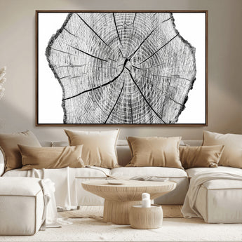 98709-MGV-CV-36X24-Tree Ring Wall Art – Black and White Canvas Print Rustic Wood Cross Section, Minimal Nature Inspired Decor for Living Room,