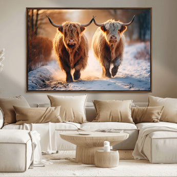 94810-MGV-FC-36X24_Walnut-Highland Cow Wall Art – Rustic Canvas Print Two Cattle Snow Path Sunset, Farmhouse Country Decor for Living Room, Bedroom, Office,