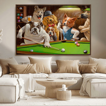 34228-MGV-CV-36X24-Dogs Playing Pool Wall Art Canvas Print, Framed Funny Dog Art Picture Print, Dog Perfect Game Room Decor Artwork