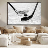 82900-MGV-CV-36X24-Hockey Wall Art – Black and White Canvas Print Ice Rink Sticks Puck Sports Photography, Modern Decor for Game Room, Man Cave,