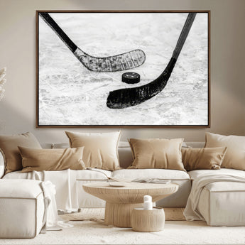 82900-MGV-CV-36X24-Hockey Wall Art – Black and White Canvas Print Ice Rink Sticks Puck Sports Photography, Modern Decor for Game Room, Man Cave,