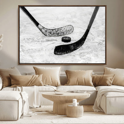 82900-MGV-CV-36X24-Hockey Wall Art – Black and White Canvas Print Ice Rink Sticks Puck Sports Photography, Modern Decor for Game Room, Man Cave,