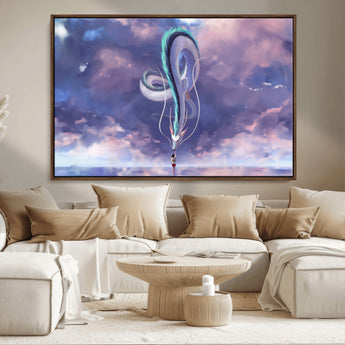 66864-MGV-CV-36X24-Fantasy Dragon Wall Art – Mystical Canvas Print Girl and Sky Serpent Dreamlike Clouds, Magical Anime Inspired Decor for Living