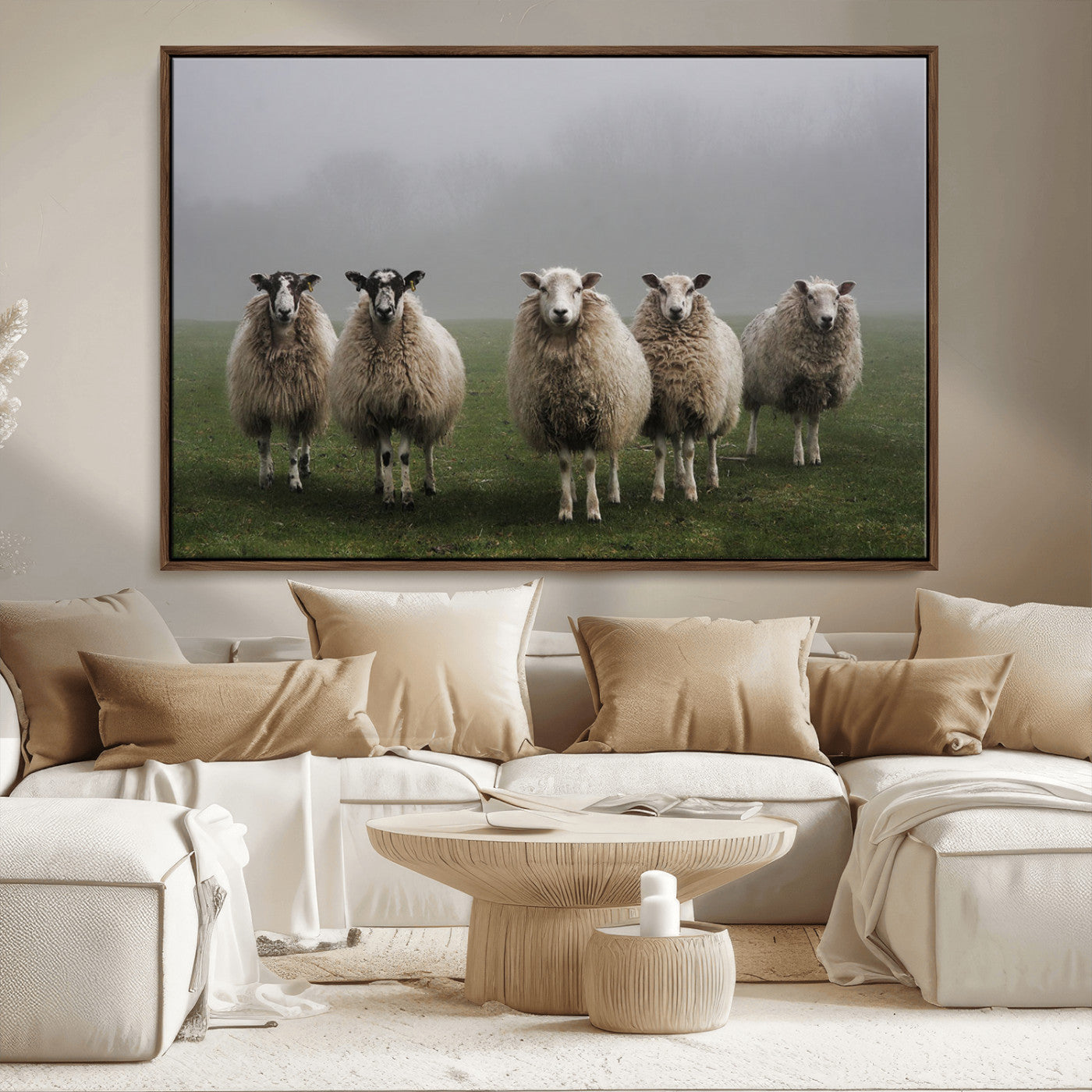 87339-MGV-CV-36X24-Sheep Wall Art – Rustic Farmhouse Canvas Print Flock Standing Misty Field Countryside Photography, Country Animal Decor for Living