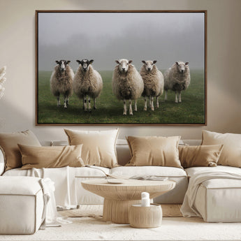 87339-MGV-CV-36X24-Sheep Wall Art – Rustic Farmhouse Canvas Print Flock Standing Misty Field Countryside Photography, Country Animal Decor for Living