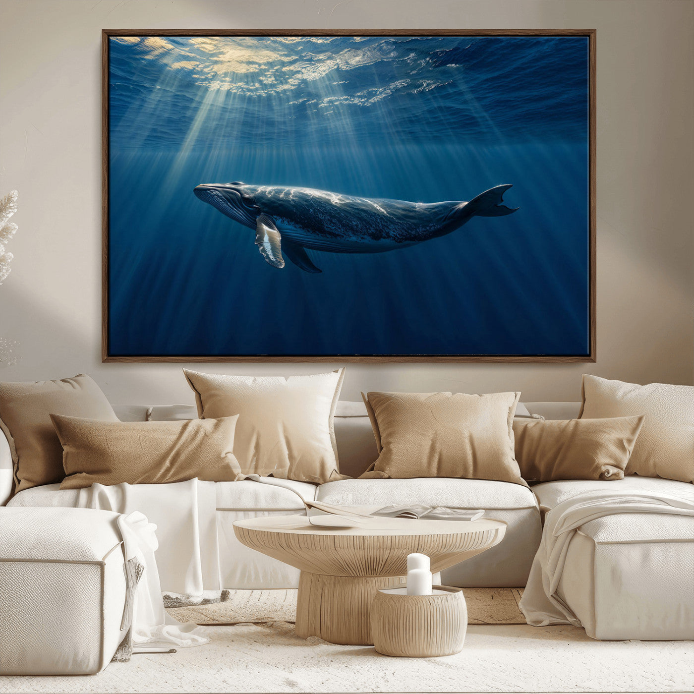 18052-MGV-CV-36X24-Whale Wall Art – Majestic Ocean Canvas Print Marine Life Underwater Sunlight Scene, Nautical Coastal Decor for Living Room,