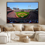 90998-MGV-FC-36X24_Walnut-Baseball Stadium Wall Art – Canvas Print Day Game Field Packed Crowd Bright Blue Sky Sports Photography, Classic Decor for Game