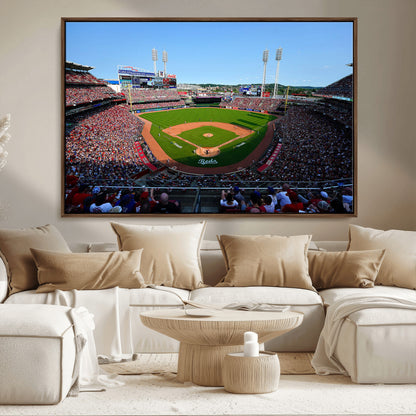 90998-MGV-FC-36X24_Walnut-Baseball Stadium Wall Art – Canvas Print Day Game Field Packed Crowd Bright Blue Sky Sports Photography, Classic Decor for Game