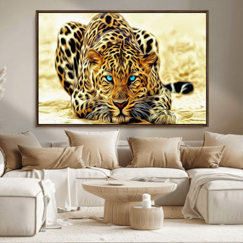 45281-MGV-FC-36X24_Walnut-Blue Eye Leopard Wall Art Canvas Print, Framed Leopard Painting Art Picture Print, Big Cat Perfect Safari Wildlife Decor Artwork
