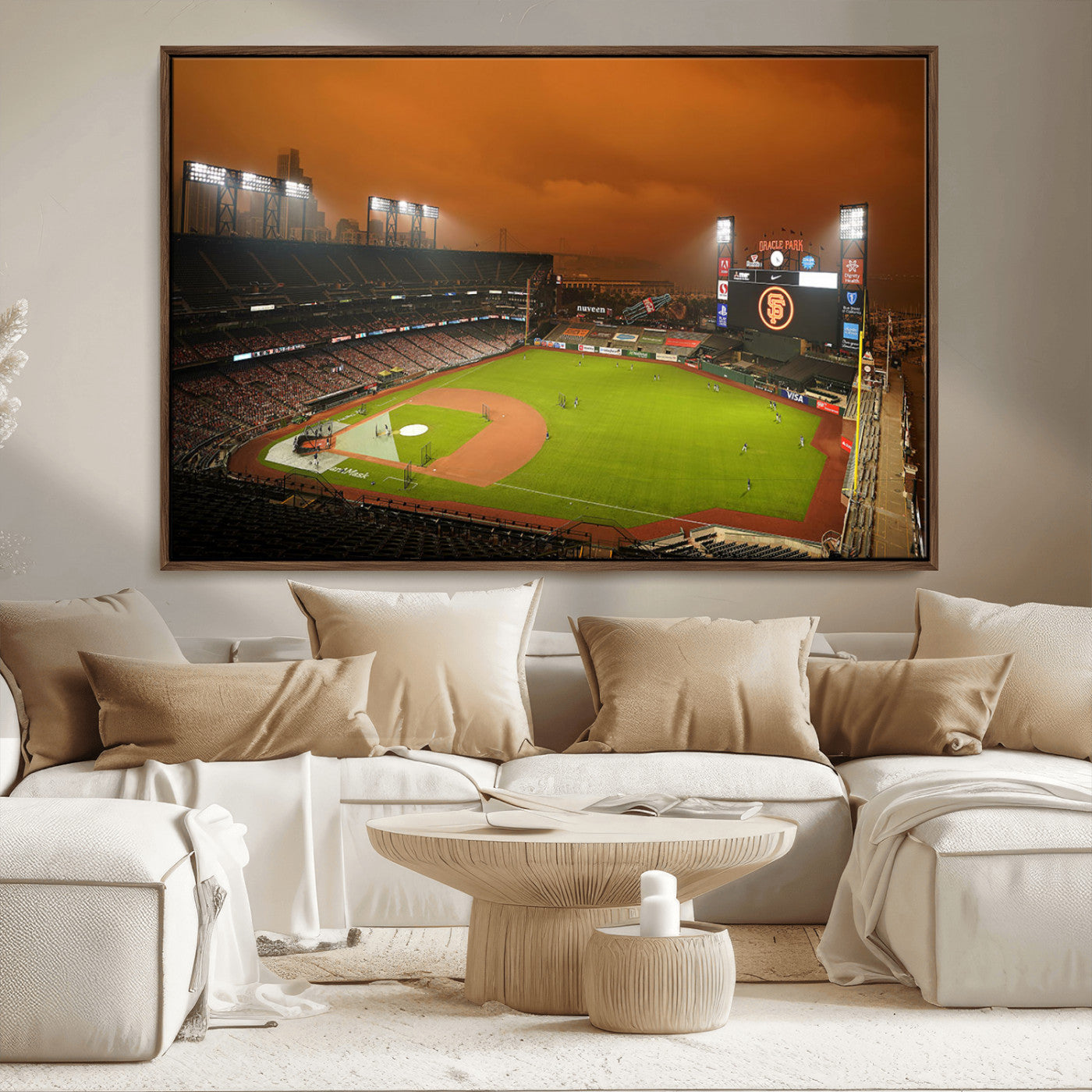 31315-MGV-FC-36X24_Walnut-Oracle Park Stadium Wall Art Canvas Print, Framed California Stadium Art Picture Print, Oracle Park Field Perfect Sport Room Decor