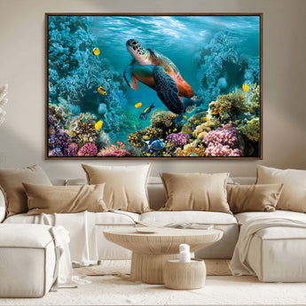 38661-MGV-FC-36X24_Walnut-Sea Turtle Wall Art Canvas Print, Framed Ocean Wildlife Art Picture Print, Turtle Perfect Coastal Nature Decor Artwork