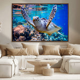 12683-MGV-CV-36X24-Sea Turtle Wall Art – Graceful Ocean Canvas Print with Coral Reef and Tropical Fish, Coastal Marine Life Decor for Beach House,
