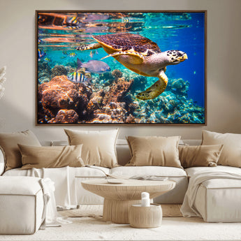 66614-MGV-CV-36X24-Sea Turtle Wall Art – Hawksbill Turtle Swimming Over Coral Reef Canvas Print, Ocean Marine Life Decor for Beach House, Coastal
