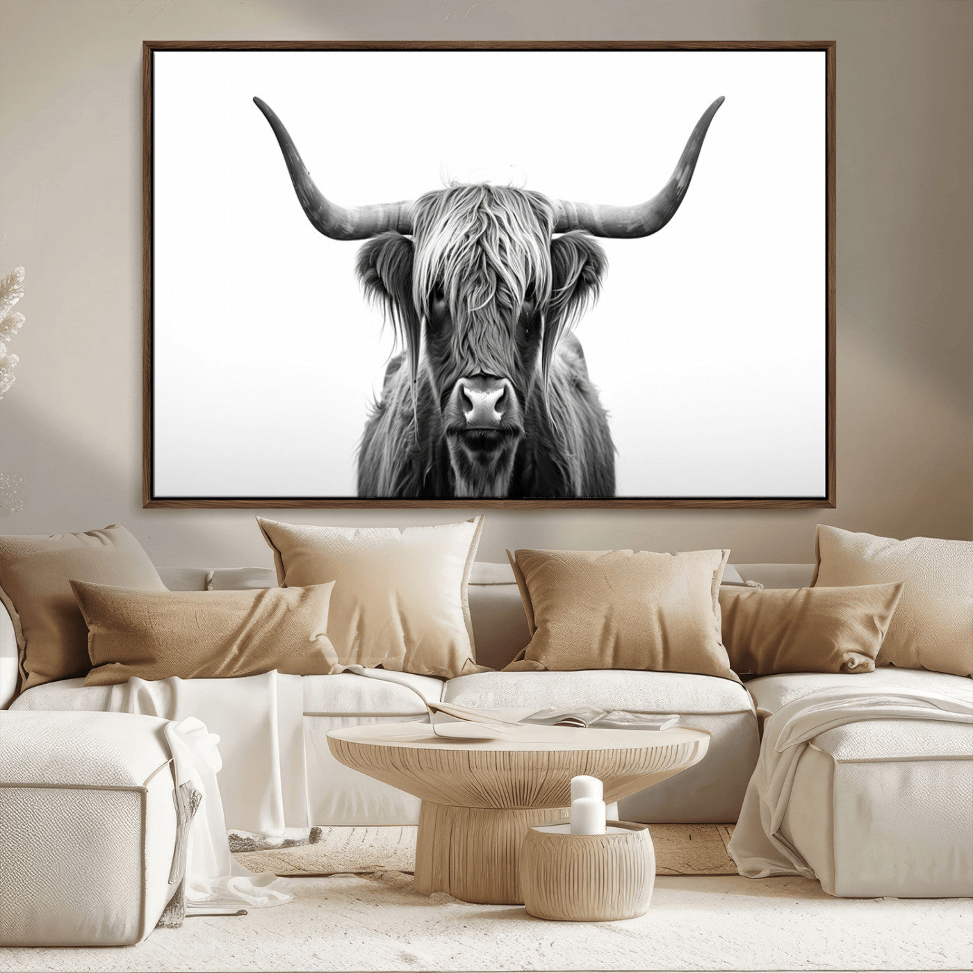 49556-MGV-CV-36X24-Highland Cow Wall Art – Black and White Scottish Highland Cattle Print, Rustic Farmhouse Minimalist Animal Portrait Canvas for