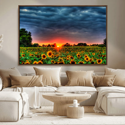 45045-MGV-CV-36X24-Sunflower Field Sunset Wall Art – Dramatic Stormy Sky Landscape Print, Vibrant Yellow Floral Nature Canvas for Living Room,