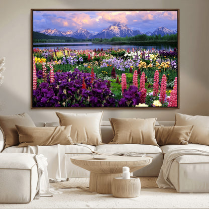 82270-MGV-CV-36X24-Colorful Wildflower Meadow Landscape Wall Art – Snow-Capped Mountain Lake Sunset Print, Vibrant Nature Artwork for Living Room,