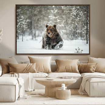 43350-MGV-FC-36X24_Walnut-Wild Bear in Snow Wall Art – Majestic Wildlife Photography Print, Winter Forest Nature Decor for Cabin, Lodge, Rustic Home,