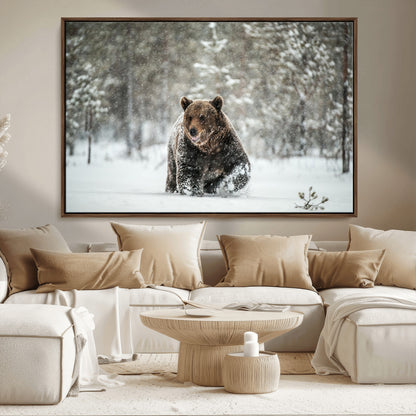 43350-MGV-FC-36X24_Walnut-Wild Bear in Snow Wall Art – Majestic Wildlife Photography Print, Winter Forest Nature Decor for Cabin, Lodge, Rustic Home,