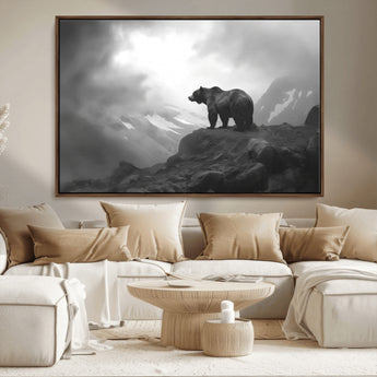 49504-MGV-CV-36X24-Black and White Grizzly Bear Wall Art – Wilderness Wildlife Painting, Rustic Mountain Cabin Decor, Monochrome Animal Print for