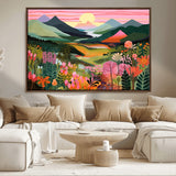 99638-MGV-CV-36X24-Sunset Meadow Wall Art – Panoramic Mountain Landscape with Wildflowers Canvas Print, Vibrant Nature Decor for Living Room, Bedroom