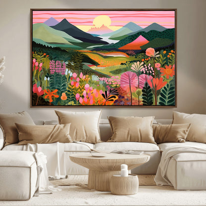 99638-MGV-CV-36X24-Sunset Meadow Wall Art – Panoramic Mountain Landscape with Wildflowers Canvas Print, Vibrant Nature Decor for Living Room, Bedroom