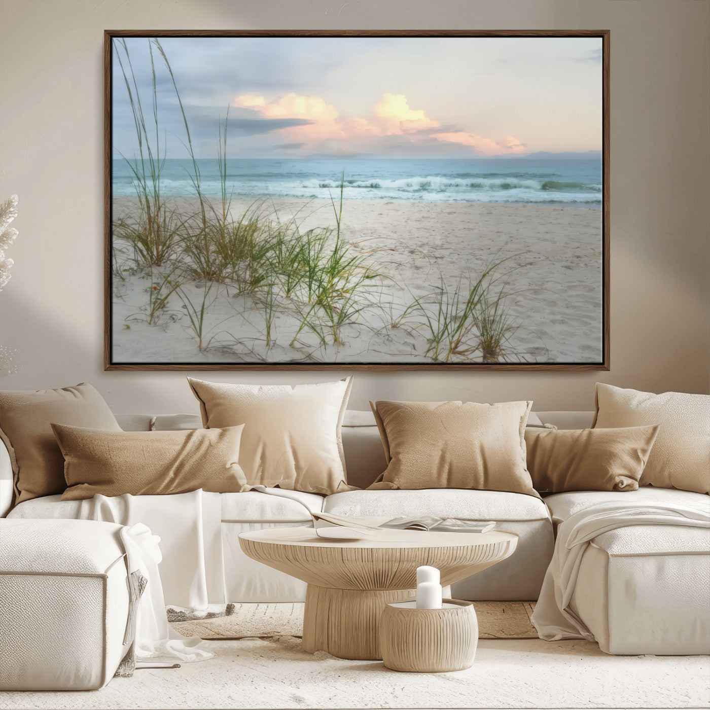 Test1001-MGV-FC-36X24_Walnut-Coastal Beach Wall Art – Panoramic Ocean Waves and Sandy Dunes Canvas Print, Serene Seascape with Sea Oats for Relaxing Home or