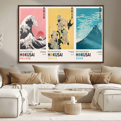 Katsushika-MGV-FC-36X24_Walnut-Katsushika Hokusai Wall Art Set – The Great Wave, Hydrangea and Swallow, Fine Wind Canvas Prints, Japanese Ukiyo e Style Home and