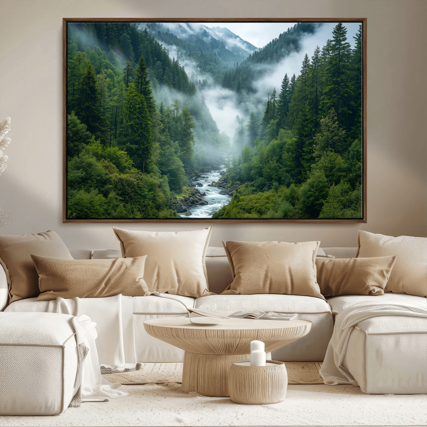 69453-MGV-FC-36X24_Walnut-Mountain Forest Wall Art – Misty River and Evergreen Landscape Canvas Print, Nature Photography Poster for Living Room, Bedroom,
