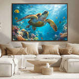 37623-MGV-FC-36X24_Walnut-Sea Turtle Wall Art – Underwater Ocean Canvas Print with Coral Reef and Tropical Fish, Marine Life Painting Poster for Living