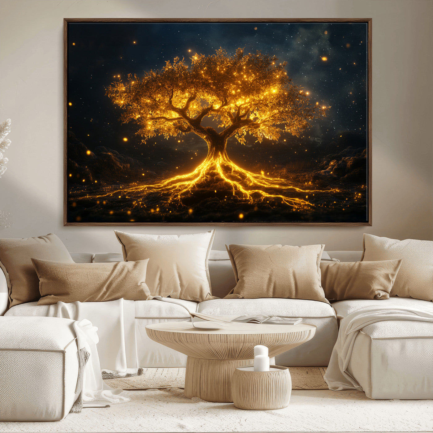 60194-MGV-FC-36X24_Walnut-Glowing Tree Wall Art – Golden Roots Fantasy Canvas Print, Mystical Illuminated Tree Painting Poster for Living Room, Bedroom,