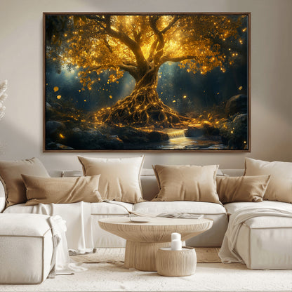 92739-MGV-FC-36X24_Walnut-Glowing Tree Wall Art – Enchanted Golden Forest Canvas Print, Mystical Illuminated Nature Painting Poster for Living Room,