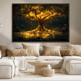 59580-MGV-CV-36X24-Glowing Tree Wall Art – Golden Fantasy Nature Canvas Print, Mystical Illuminated Tree Painting Poster for Living Room, Bedroom,